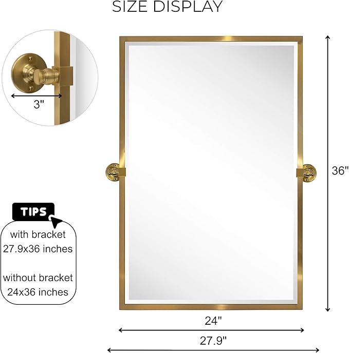 TEHOME Brushed Gold Metal Framed Pivot Rectangle Bathroom Mirror Tilting Beveled Vanity Mirrors for Wall, Overall 27.9 x 36 inches (Mirrror 24 x 36 inches)