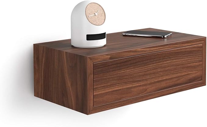 Mobili Fiver, Riccardo Floating nightstand, Walnut, 17.7" x 9.8" x 6.1 ", Melamine-Finished, Modern Bedside Table, End Table, Italian Furniture