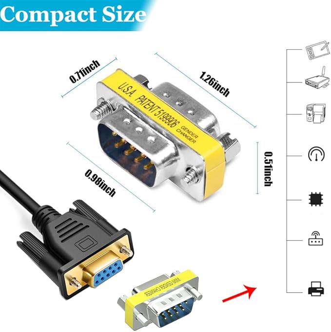 6-Pack 9Pin RS232 Serial Cable DB9 Male to Male Mini Gender Changer Adapter Coupler Connector
