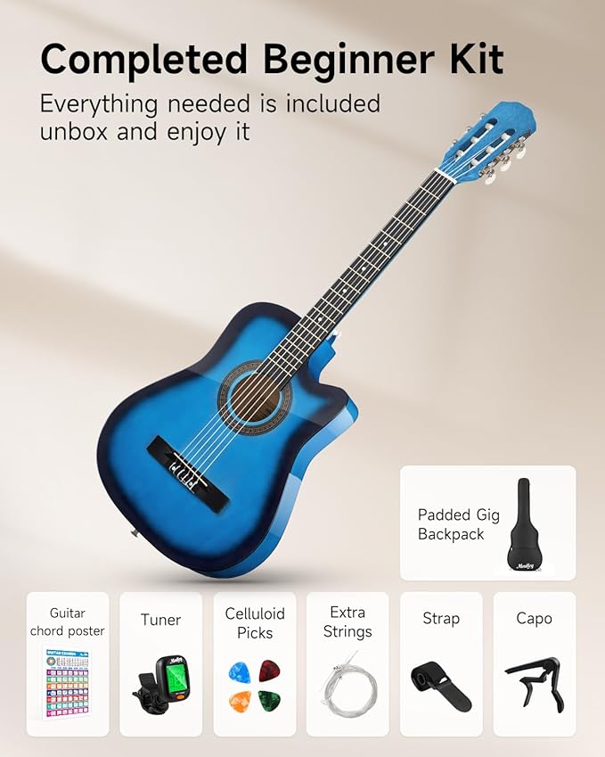Moukey 38" Acoustic Guitar for Beginners Kids Youth Adult Cutaway Guitarra Acustica Kit with Chord Poster, Gig Bag, Tuner, Picks, Nylon Strings, Capo, Strap - Blue