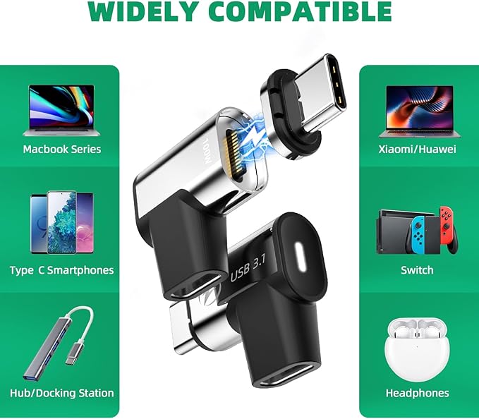 USB C Magnetic Adapter, (2 Pack) Magnetic USB C Adapter, 24Pins USB3.1 10Gbps Data Transfer 4K 60Hz Video PD 100w Charge Compatible with MacBook Pro/Air USBC Laptop