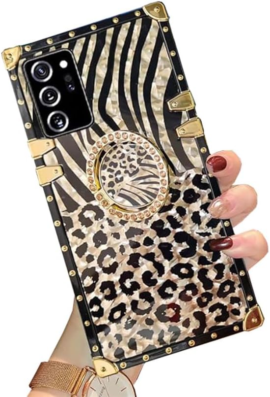 Samsung Galaxy A52 Trunk Case, Cute Leopard Pattern Gold Glitter Bling Soft Cover with Finger Ring Grip Kickstand