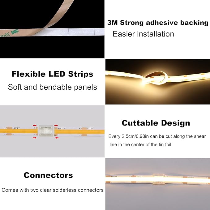 TOPAI 12V COB LED Strip Light 3000K Warm White Waterproof IP65 480LEDs/M Super Bright 4000Lm CRI>90 16.4ft/5M Dotless High Density Cuttable Flexible for Cabinet Home DIY Lighting Projects