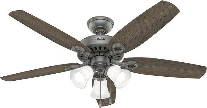 Hunter 52 inch Indoor Ceiling Fan with LED Lights - Ceiling Fan with Pull Chain, For Bedroom or Living Room, Standard Mount, No Remote, 5 Blades, Includes Bulbs - Builder Plus 51110, Matte Silver
