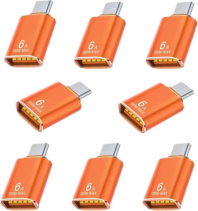 BOMIE USB C to USB Adapter 8 Pack,6A 120W Fast Charging 10Gbps Data Transfer,USB C Male to USB 3.2 Female OTG Adapter for Phone 15/16/17,Pad,Ma-cBook Pro/Air,Smartphone,Laptop,Tablet Orange