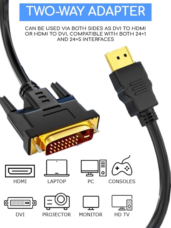 KUJOBUY HDMI to DVI Cable Adapter DVI to HDMI Cable Male to Male Adapter for TV X-Box One PS3 PS4 PS5 Gold-Plated DVID 24+1 Cord for Monitor Projector Laptop DVID Cord 6 FT