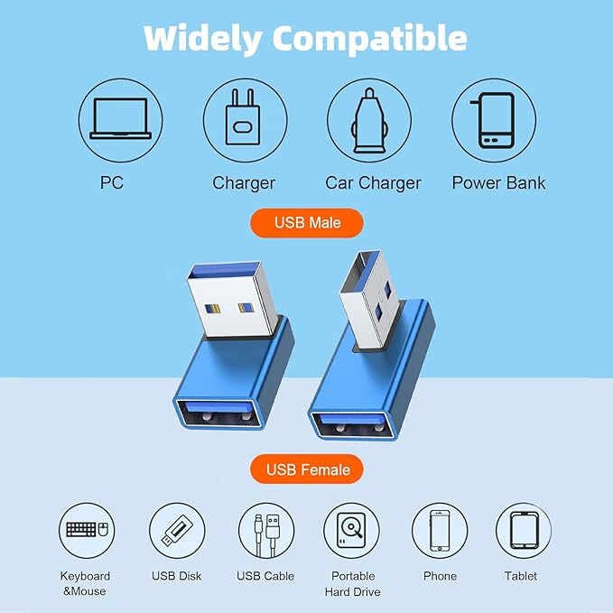 AreMe 90 Degree USB 3.0 Adapter 4 Pack, Up and Down Angle, Left and Right Angle USB A Male to Female Converter Extender for PC, Laptop, Type A Charger, Power Bank and More (Blue)