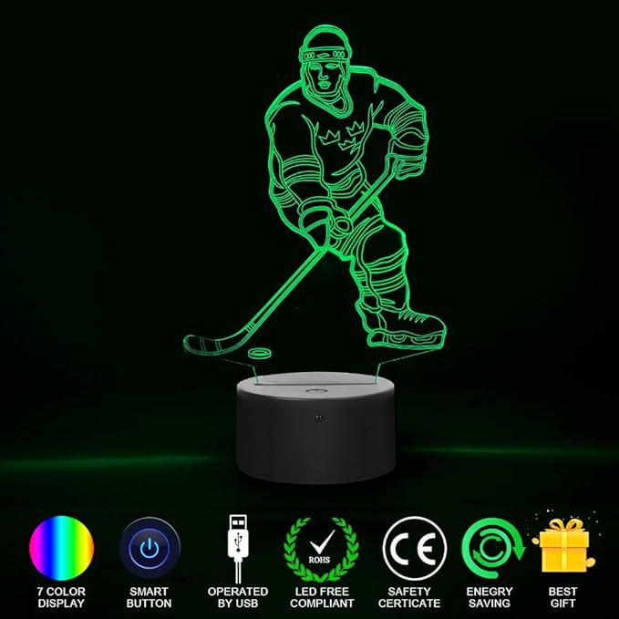 Hockey Player 3D Night Light Lamps for Kids 7 LED Color Changing Touch Table Desk Lamps Lighting Cool Toys Gifts Birthday Xmas Decoration for Sports Hockey Fan