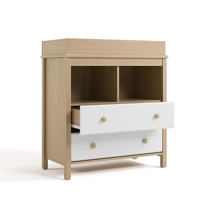 Storkcraft Alpine Nursery Changing Table Dresser Combo (White with Driftwood) – GREENGUARD Gold Certified, Dresser for Nursery, Changing Table with Drawers, Removable Changing Table Topper