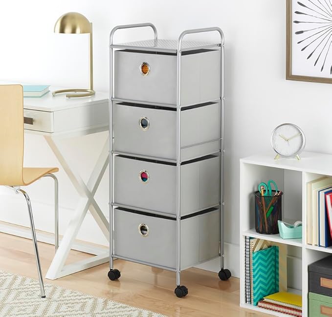 Whitmor 4-Drawer Cart, Metal Frame, Polyester Drawers, Home & Office Organizer, 13.98"L x 16.92"W x 43.94"H, Grey