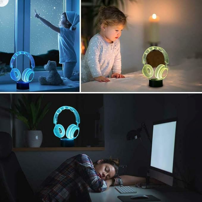 AZIMOM Headphone Headset 3D Illusion Lamp 16Color Night Light,Smart Touch Sensor & Remote Control Bedside Lamps Home Decoration Kids Boys Girls Women Birthday Gifts