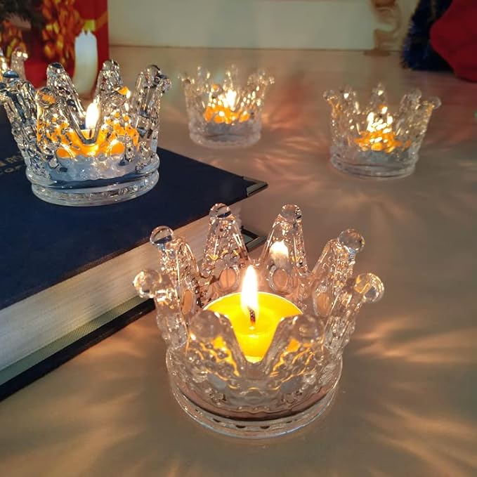 SOUJOY 18 Pack Tealight Candle Holder, Glass Crown Candle Holder, Crystal Votive Candle Stand for Dining Table Centerpiece Home Decor Wedding Part