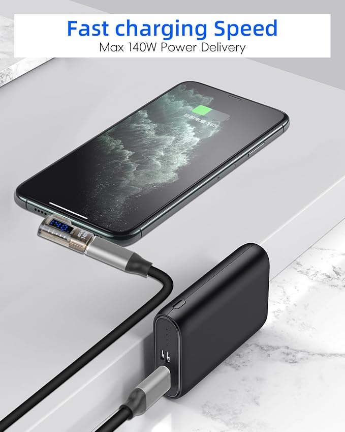 90 Degrees 140W USB C Male to USB C Female Adapter,USB Type C Converter,40 Gbps Data Transmission,Wattage,Voltage,Current LED Display,Suitable for Laptops,Desktop Computers,Phone (2Pcak)
