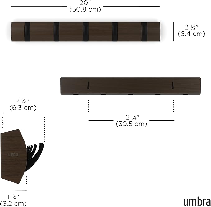 Umbra Flip Wall-Mounted Coat Rack Rail Hook for Hats, Jackets, Bags and More – Modern, Space-Saving Storage Organizer for Entryway, Mudroom, Closet, Bathroom, Bedroom, Kids Room, or Nursery, 5 Hooks,