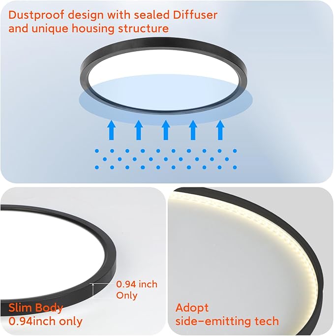 TALOYA Flush Mount Ceiling Light with Remote,3000K-6500K Adjustable,2000K Nightlight,12 Inch, Led Low Profile Ceiling Lights for Bedroom, Living Room, Kitchen, Black