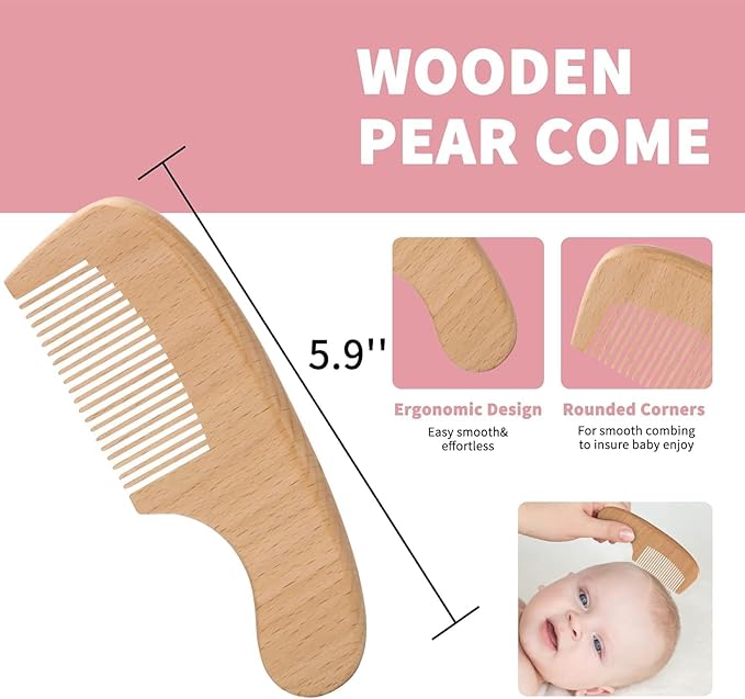 Goat Baby Hair Brush Set, 2pcs Wooden Soft Bristles Brush with Comb and Pink Silicone Bath Brush for Newborns Toddlers Safe Natural Hair Care Kit