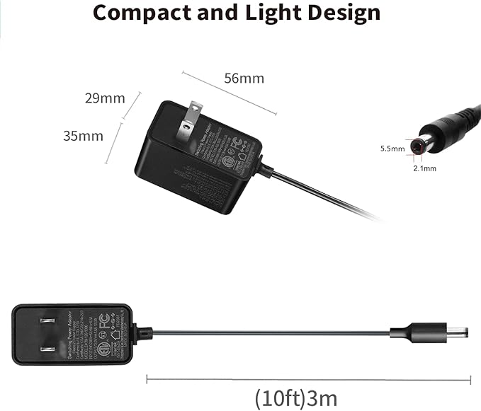 Tonton 12V 1A 10ft AC/DC Long Power Supply Adapter Cord 12W Wall Charger AC 100V-240V to DC 12 Volt with 8 Tips for LED Strip Light, CCTV Camera, BT Speaker, GPS, Webcam, Router, UL/CE/FCC Certified
