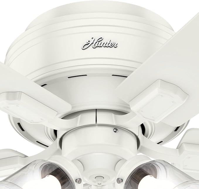 Hunter Fan Company 52152, 42 inch Crestfield Fresh White Low Profile Flush Mount Ceiling Fan with Lights LED and Pull Chain