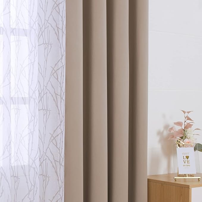 BONZER Mix and Match Curtains - 2 Pieces Branch Print Sheer Curtains and 2 Pieces Blackout Curtains for Bedroom Living Room Grommet Window Drapes, 54x63 Inch/Panel, Taupe, Set of 4 Panels