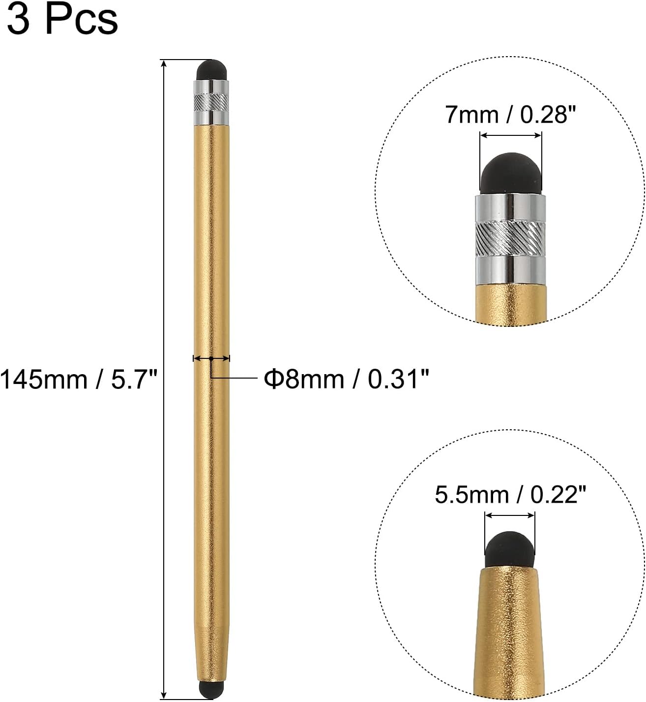 MECCANIXITY 3pcs Stylus Pens for Touch Screens, Dual Rubber Tips Capacitive Universal Tablet Pen, Champagne Gold