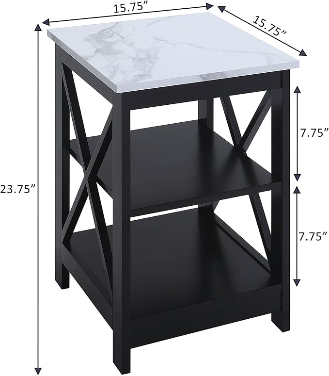 Convenience Concepts Oxford End Table 15.75" - Modern Living Room Table with Storage Shelves, Transitional Nightstand Side Table for Home Decor and Display, White Faux Marble/Black