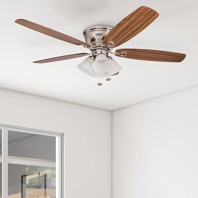 Honeywell Ceiling Fans Glen Alden, 52 Inch Classic Flush Mount Indoor LED Ceiling Fan with Light, Pull Chain, Quick-2-Hang Dual Finish Blades, Reversible Motor - 50182 (Brushed Nickel)