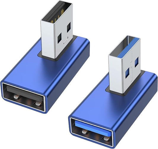 AreMe 90 Degree USB 3.0 Adapter 2 Pack, Left and Right Angle USB A Male to Female Converter Extender for PC, Laptop, USB A Charger, Power Bank and More (Blue)