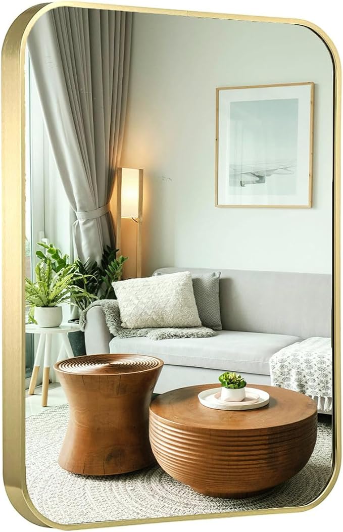 18"x24" Brushed French Gold Mirror for Wall, Bright Gold Rounded Rectangle Mirror with Metal Frame Hanging for Bathroom Entryway Vanity,Living Room,Bedroom,Vertical or Horizontal