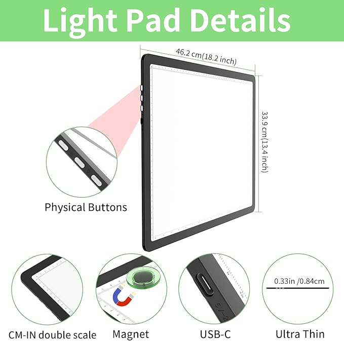 KOBAIBAN A3 Magnetic Light Box for Tracing, Rechargeable Diamond Art Light Board with Side Physical Buttons, 3 Color Light Modes Super Bright Light Pad Light Table for Drawing, Weeding Vinyl (Black)