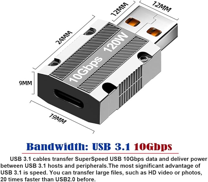 NFHK USB-C USB 3.1 Type C Female to USB 3.0 A Male 10Gbps Data 120W Power Adapter Alloy Shell for Laptop Tablet Mobile Phone
