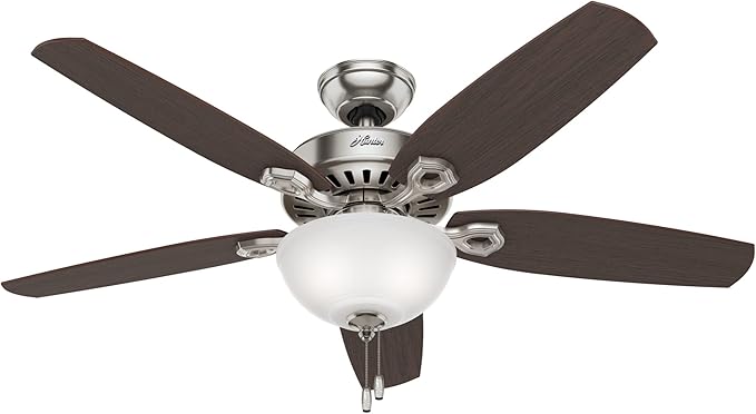 Hunter 52 inch Indoor Ceiling Fan with LED Light - Ceiling Fan with Pull Chain, For Bedroom or Living Room, Standard Mount, No Remote, 5 Blades, Includes Bulbs - Builder Deluxe 53090, Brushed Nickel