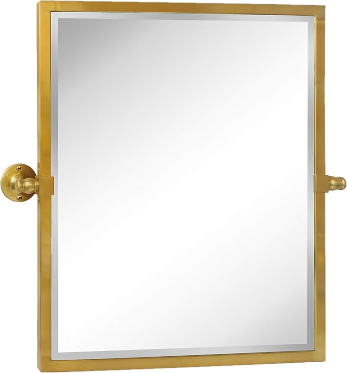 Brushed Gold Metal Framed Pivot Rectangle Bathroom Mirror Tilting Beveled Vanity Mirrors for Wall, Overall 23.9 x 24 inches (Mirrror 20 x 24 inches)