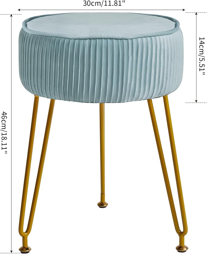 IBUYKE Velvet Round Footrest Stool Ottoman, Makeup Vanity Stool Side Table, Velvet Dressing Table Seat, Pouf Couch Stool, Golden Steel Legs, Blue LG-30H