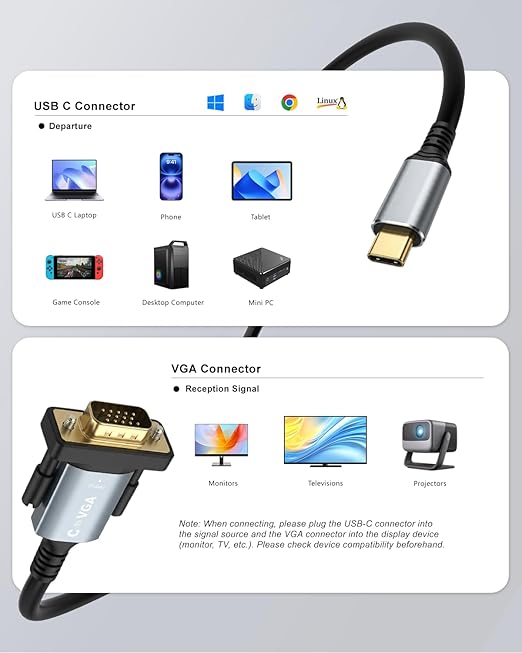 6FT USB C to VGA Cable 1080P@60Hz, VGA to USB C Adapter Cord [Thunderbolt 3/4 compatible] for iPhone 15 Pro/Max, MacBook Pro/Air 2023, iPad Pro, iMac, S23, XPS 17, Surface Book 3 - Gold-Plated