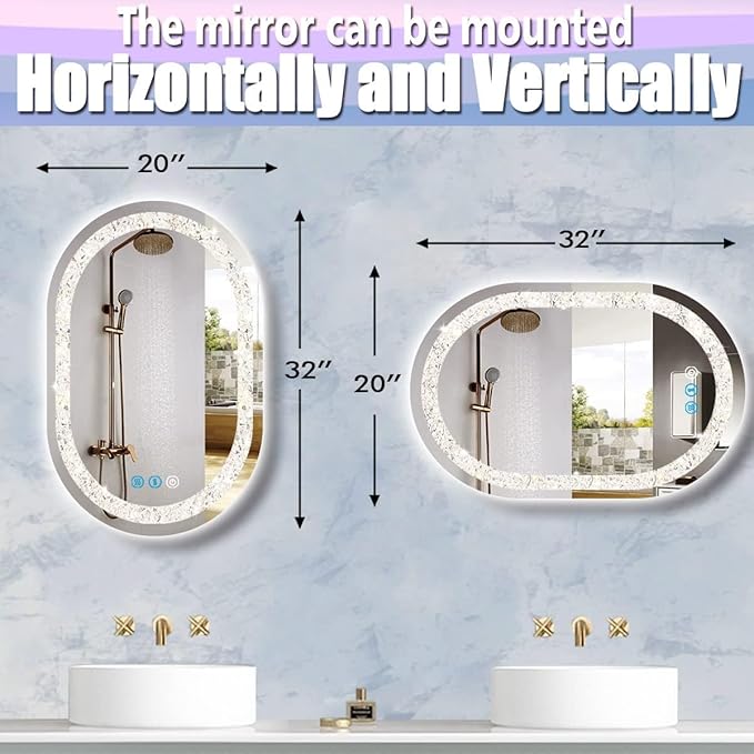 32 x20 Inch Crystal Oval LED Vanity Mirror with Lights Diamond Oval Lighted Mirror for Bathroom Wall Horizontal/Vertical Mounted Antifog Memory 3 Color Dimmable Crystal Ovals Light up Mirrors