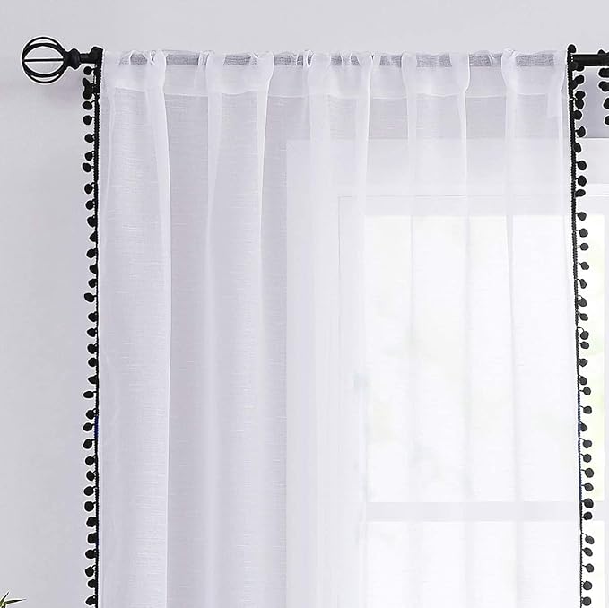 Treatmentex White Sheer Curtains Black Pompoms 63" inches Long Window Draperies for Boy's Room Bed Canopy 2 Panels Rod Pocket