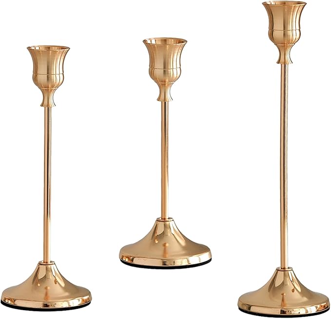 French Gold Candlestick Holders Set of 3, Metal Taper Candle Holders, Classic Decorative Candle Stick for Christmas, Wedding, Party, Dinner Tables,Home Décor