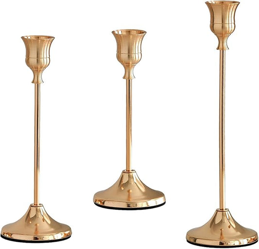 French Gold Candlestick Holders Set of 3, Metal Taper Candle Holders, Classic Decorative Candle Stick for Christmas, Wedding, Party, Dinner Tables,Home Décor
