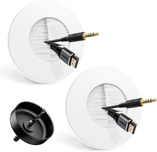 in Wall Cable Management Kit for Wall Mounted TV, Slim Round Wall Cable Pass Through with Hole Saw Drill Attachment for Easy Installation, White 2-Pack