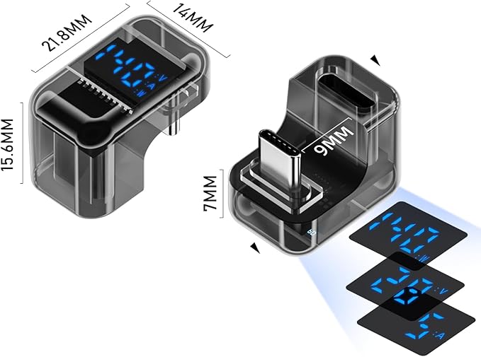 2 Pack USB C Adapter with Digital Display, 180 Degree 140W USB-C Male to Female Connector for Switch, iPhone 16/15 Series, iPad, MacBook, Support Voltage, Current and Power Smart LED Display