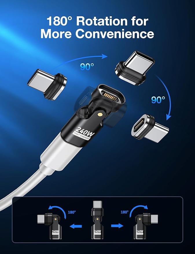 AUFU 16PIN 240W USB C Magnetic Adapter(3Pack)/180° Rotation USB C Right Angle Adapter/90 Degree C Adapters/Type C Magnetic for 1Phone 16/15/Ma-Book/1Pad Series, Samsung Galaxy, Google Pixel, Laptop