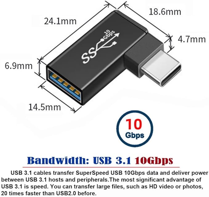 xiwai Right Angled 90 Degree OTG Adapter USB-C Type-C to USB 3.0 Female for Laptop Cell Phone