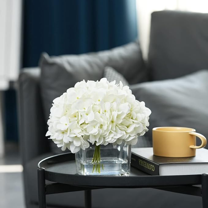 Silk Hydrangea Artificial Flowers in Vase with Faux Water, Silk Flower Arrangements in Vase for Wedding, Dining Table, Living Room (Cream White)