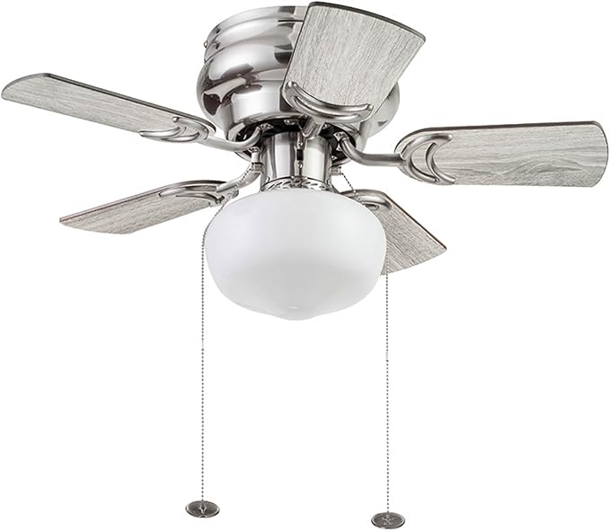 Prominence Home Hero, 28 Inch Traditional Flush Mount Indoor LED Ceiling Fan with Light, Pull Chain, Dual Finish Blades, Reversible Motor - 51656-01 (Brushed Nickel)