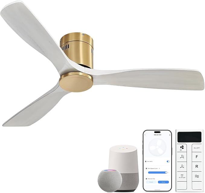 Sofucor 52 Inch Smart Ceiling Fan Without Lights Flush Mount Solid Wood Ceiling Fan with Alexa/Google Assistant/APP/Remote Control-Modern Outdoor Ceiling Fans No Light for Bedroom/Patio, Grey Gold