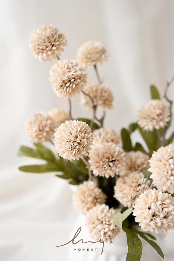 Ling's moment Pompon Mum Artificial Flower, 5pcs Faux Silk Mini Chrysanth with Stems, Bulk Fake Wedding Filler Flowers for DIY Bouquet Centerpieces Arrangements Shower Decorations, Beige