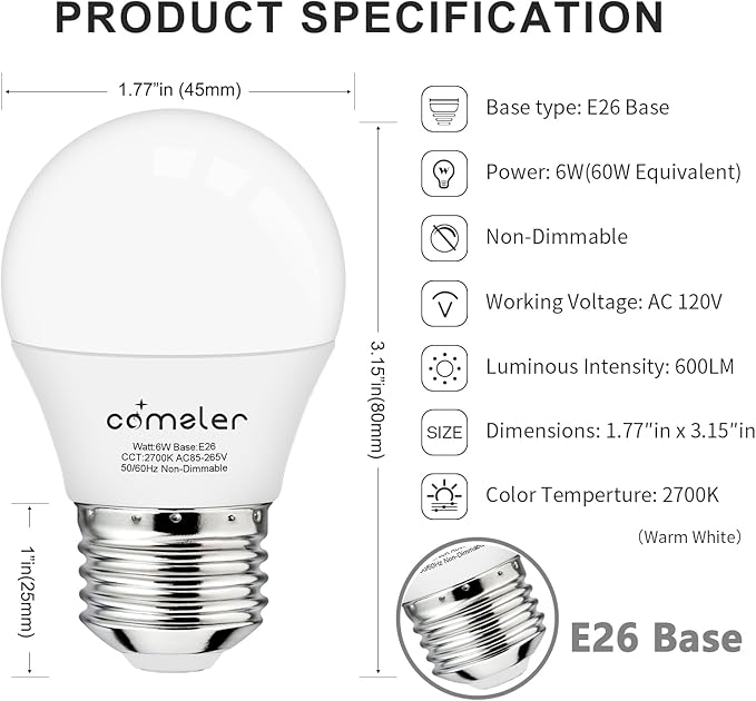 comzler Small Light Bulb 6 Watts Warm White Light 2700K, 60 Watts Globe Light Bulb Equivalent, E26 Standard Screw Base A15/G45 Shape LED Appliance Bulb Refrigerator 6-Pack