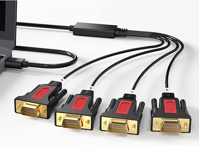 4 Port USB to RS232 DB9 Serial (9-Pin) Adapter Cable 5ft Compatible with MAC OS, Windows, Android, Linux (4 Port)
