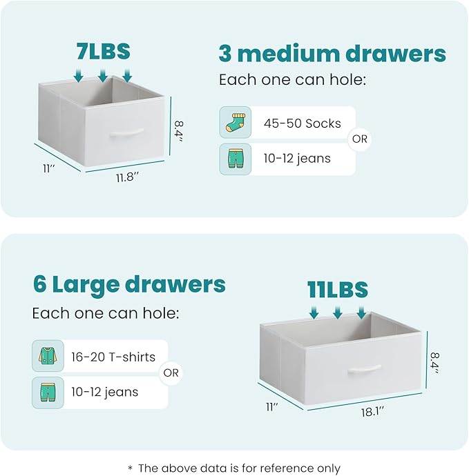 OLIXIS Dresser for Bedroom, 9 Storage Drawers, Wide Fabric Closet Chests Organizer Tower Furniture, TV Stand with Wooden Top Metal Frame for Clothes, Living Room, Hallway, Entryway, Classic White