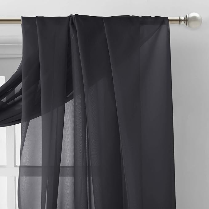 NICETOWN Extra Long Black Scarf - Voile Textured Sheer Drapery Dirt-Proof Window Treatment for Farmhouse/Garden/Old People (W60 x L216, 1 Panel, Black)
